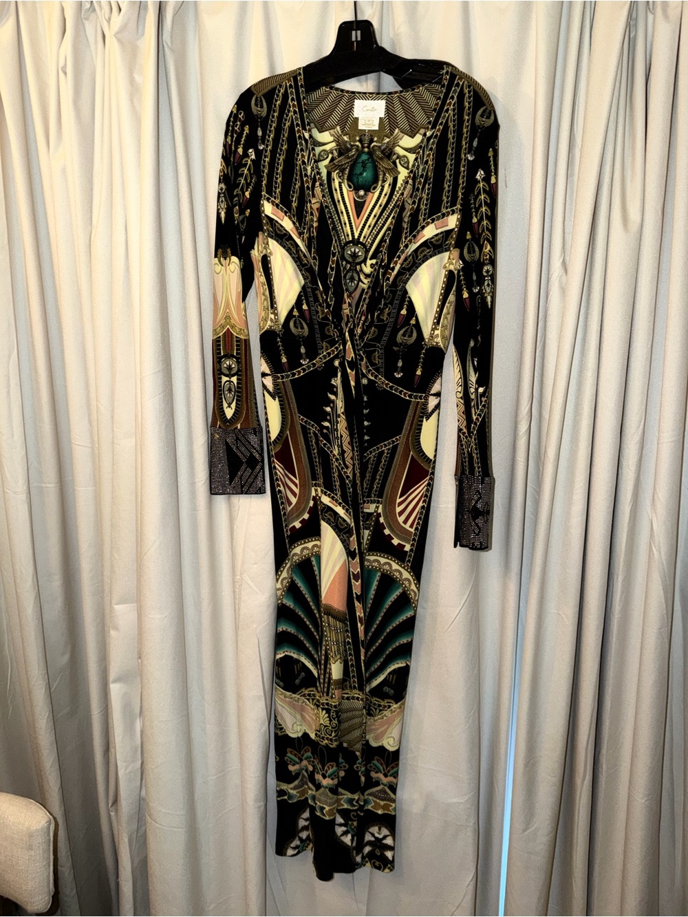 Camilla Black Long Sleeve Maxi Dress with Multicolor Art Deco Print